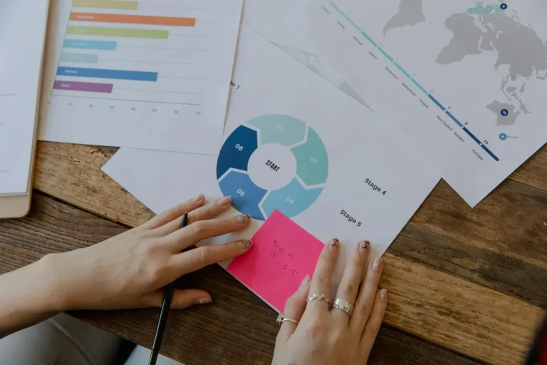Close-up of hands reviewing business charts and notes on a wooden desk in an office setting.